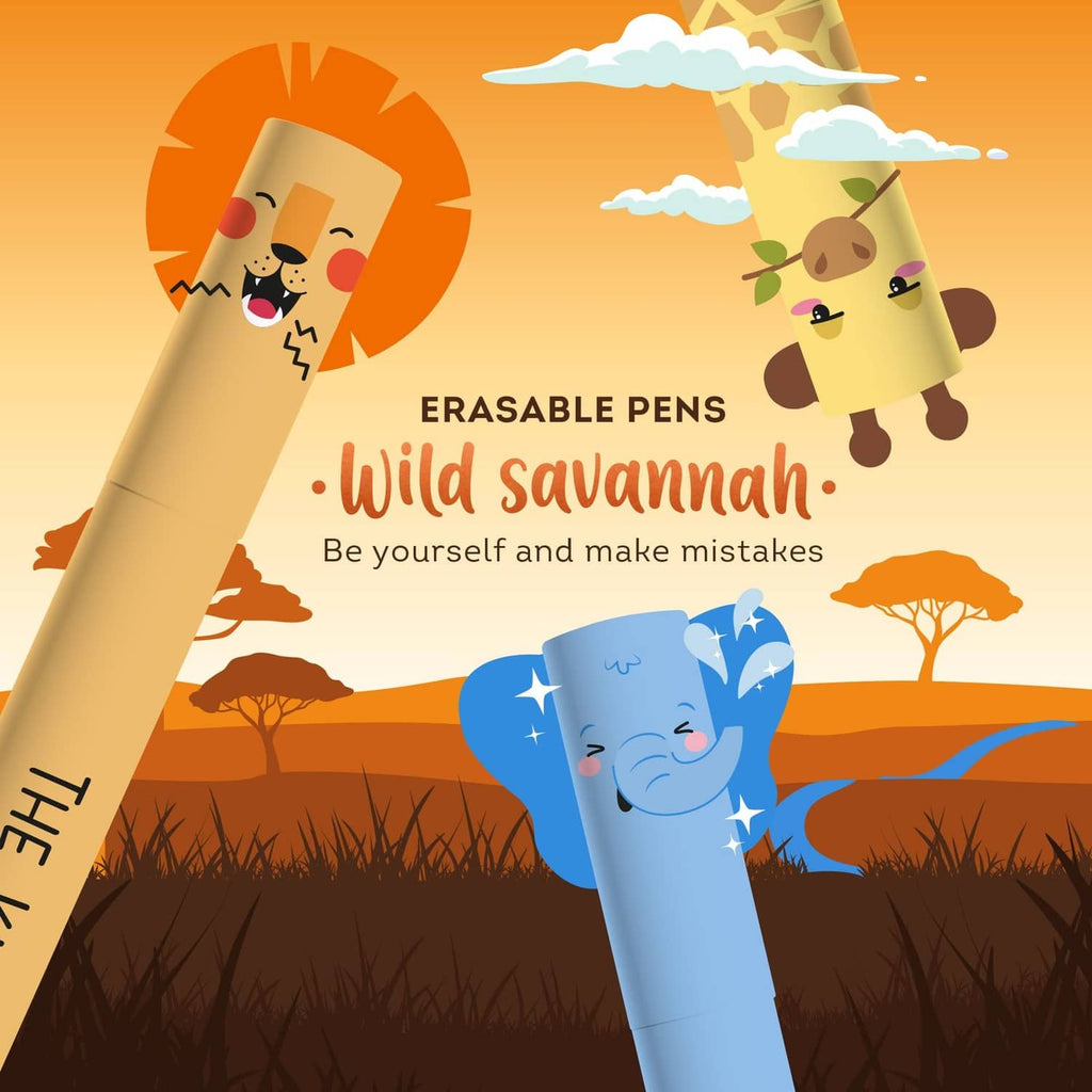 Erasable gel pen with giraffe character design on safari-themed packaging