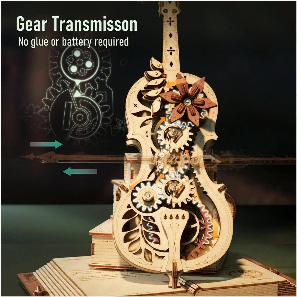 Wooden 3D mechanical cello model with gear transmission on a base
