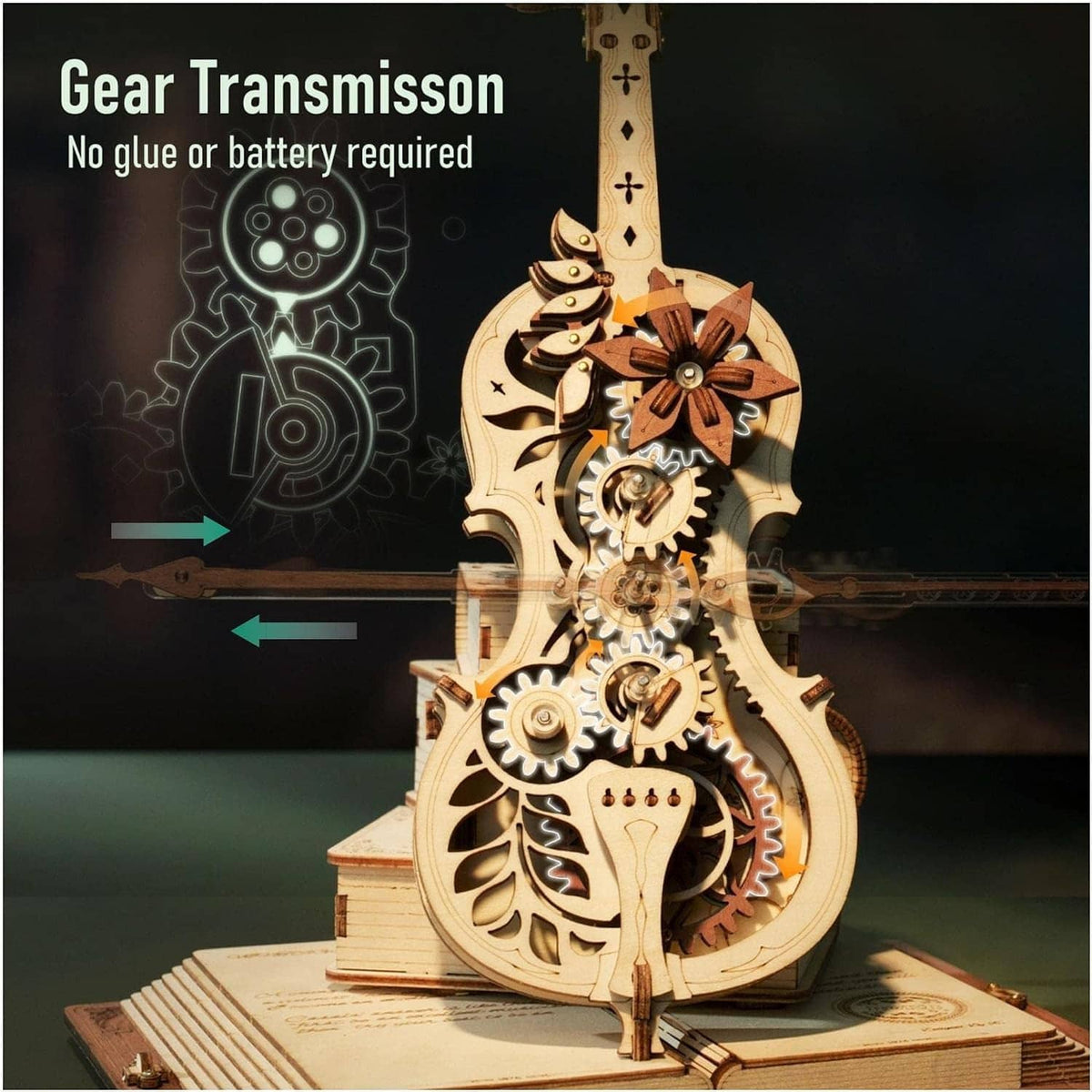 Wooden 3D mechanical cello model with gear transmission on a base