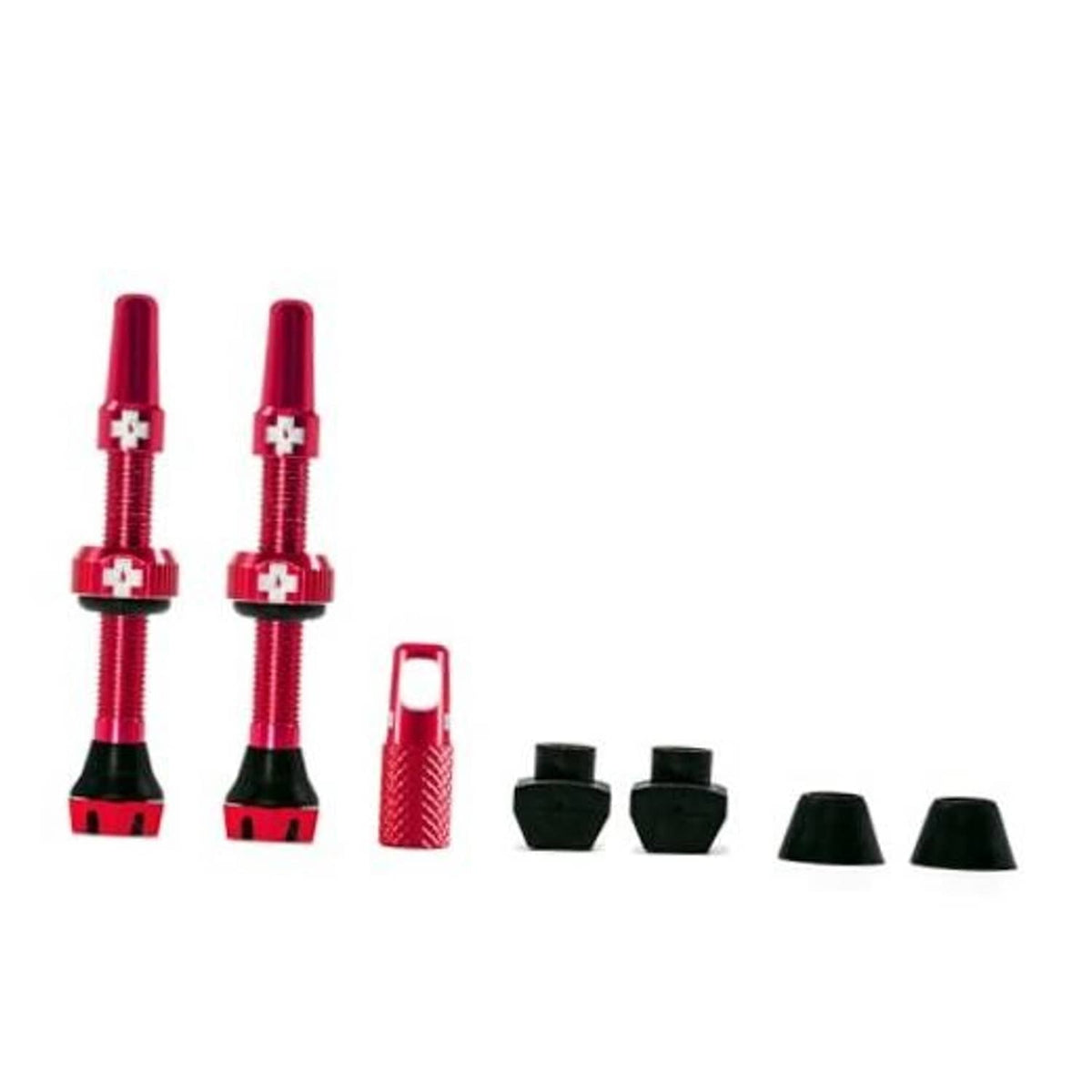 Red Presta tubeless valve set with two metal stems and black rubber bases