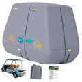 Gray golf cart cover with zip panels and reinforced hem detail, fits 4-passenger carts