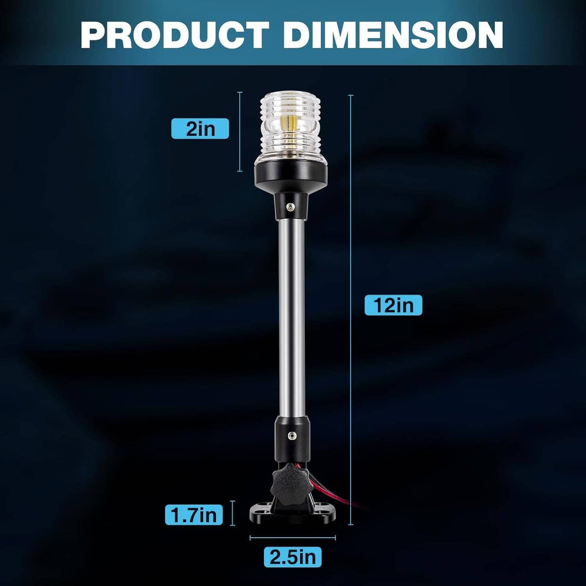 Boat stern anchor light with clear lens lamp on chrome pole with base and wires