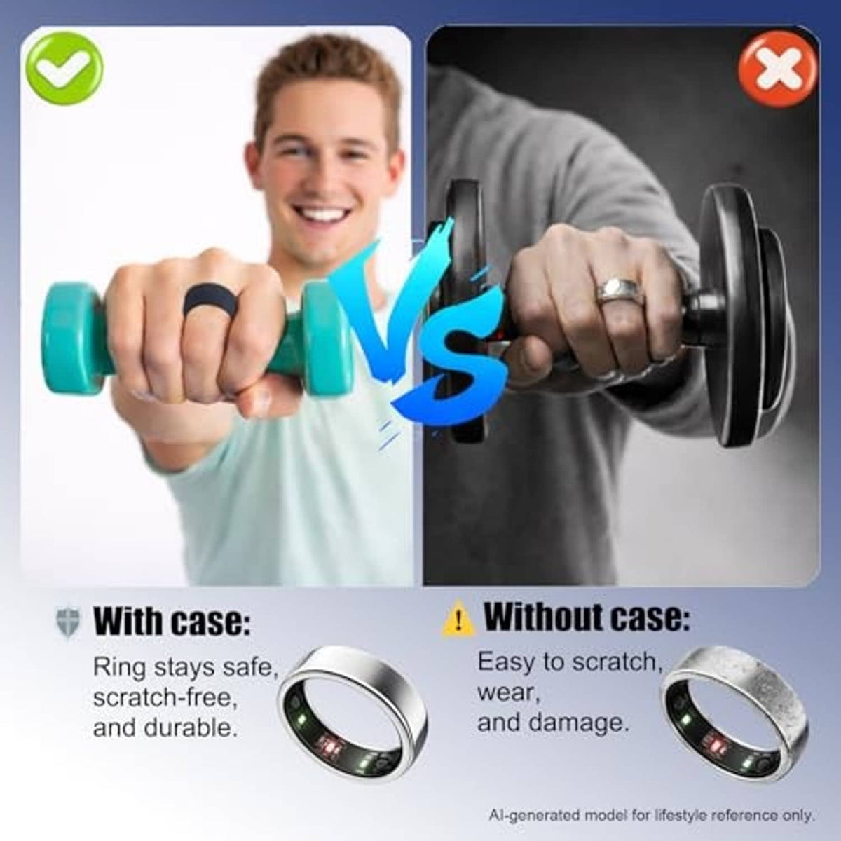 Silicone ring sleeve protection cover, shown alongside a bare ring without sleeve