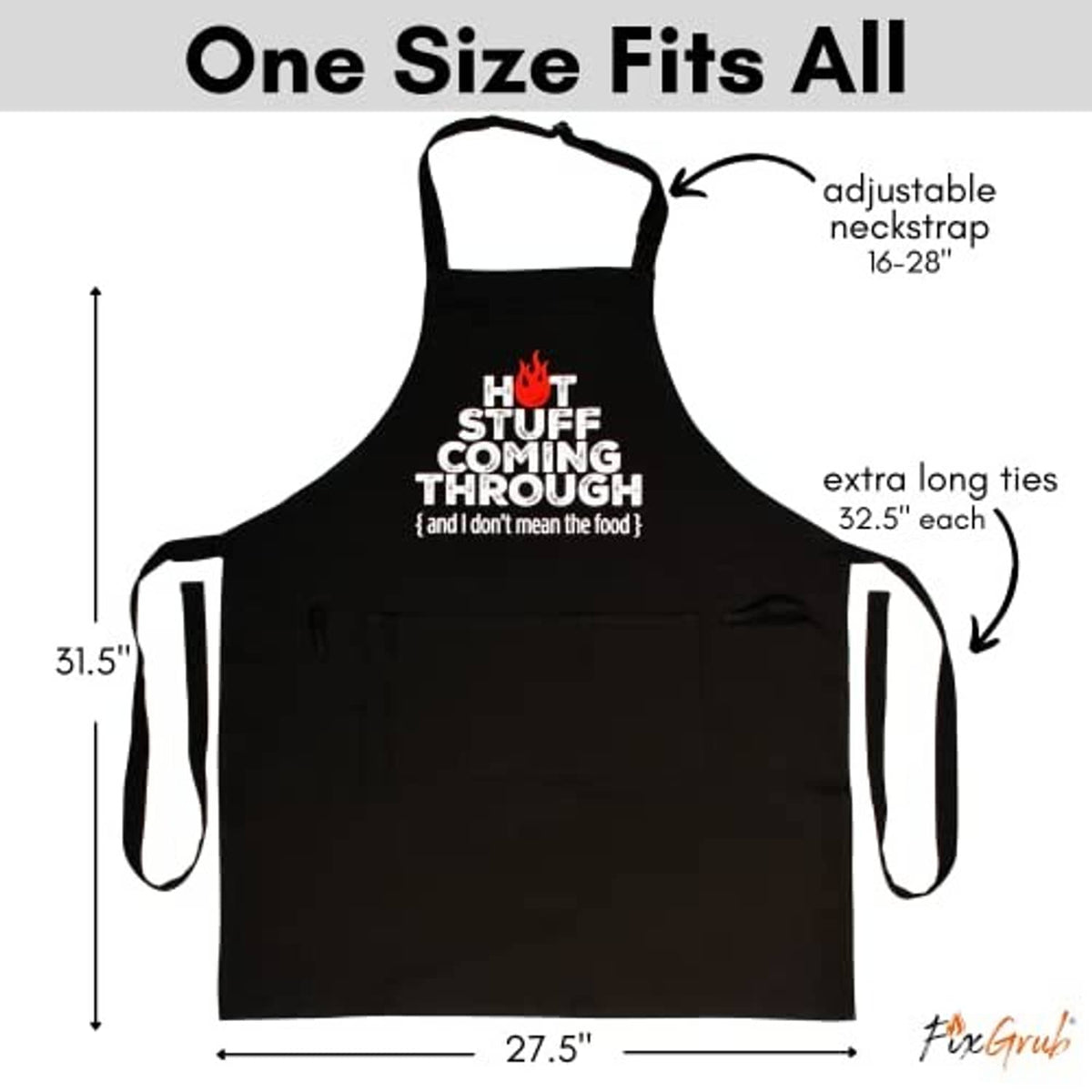 Black chef apron diagram with adjustable neck strap and extra-long waist ties