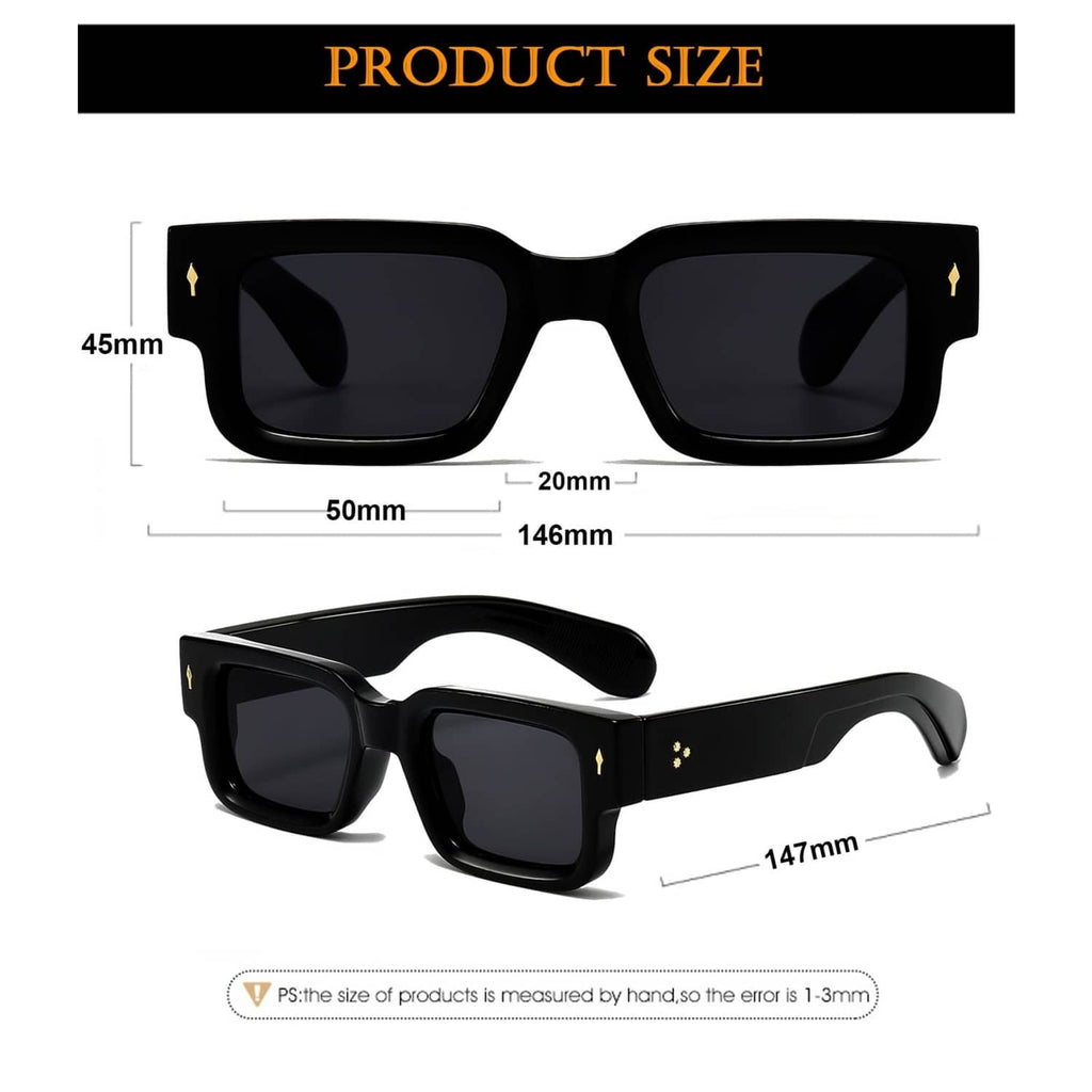 Black thick square sunglasses product size diagram with dark lenses