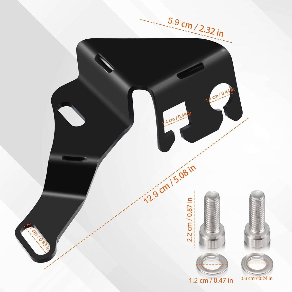 Black intake manifold throttle cable bracket with length and width measurements shown