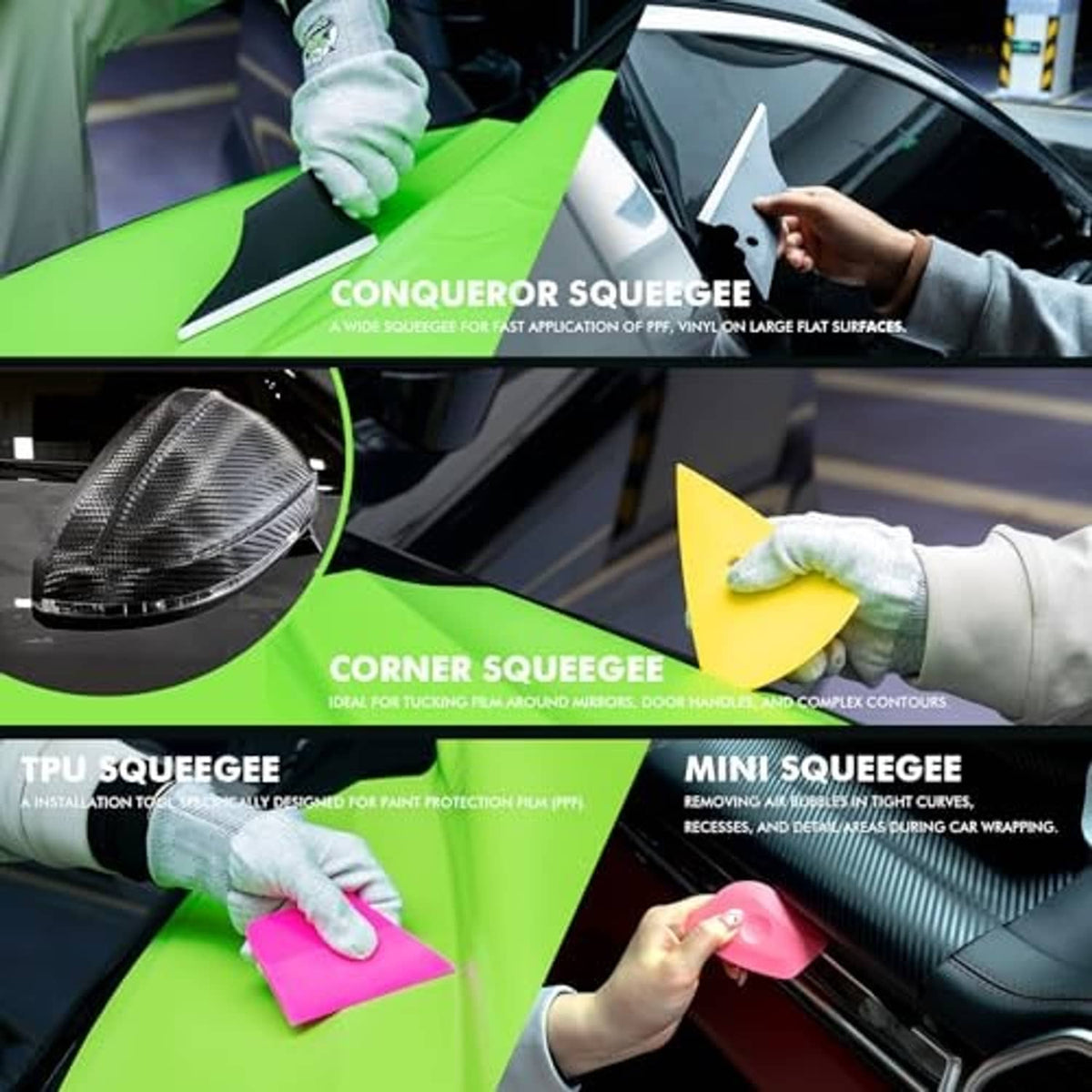 Vinyl wrap squeegee set with corner squeegee, TPU squeegee, and gloves