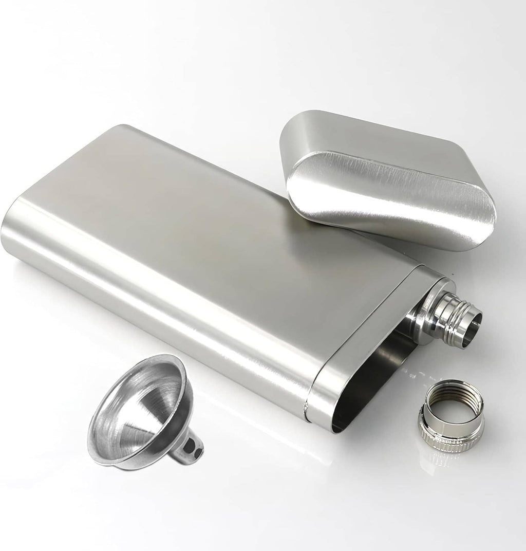 Stainless steel cigar case with flask tube components, open lid and threaded cap shown