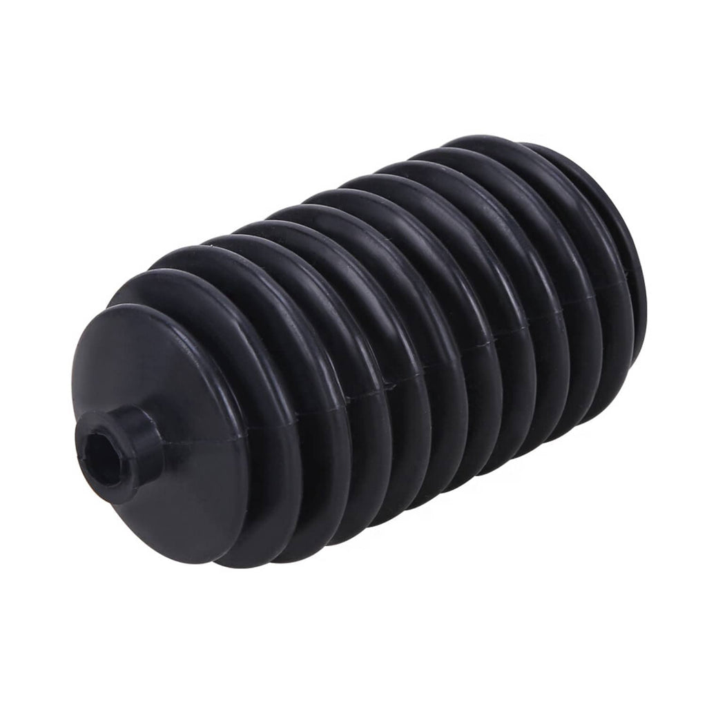 Close view of black steering rack pinion boot with round end cap and side hole