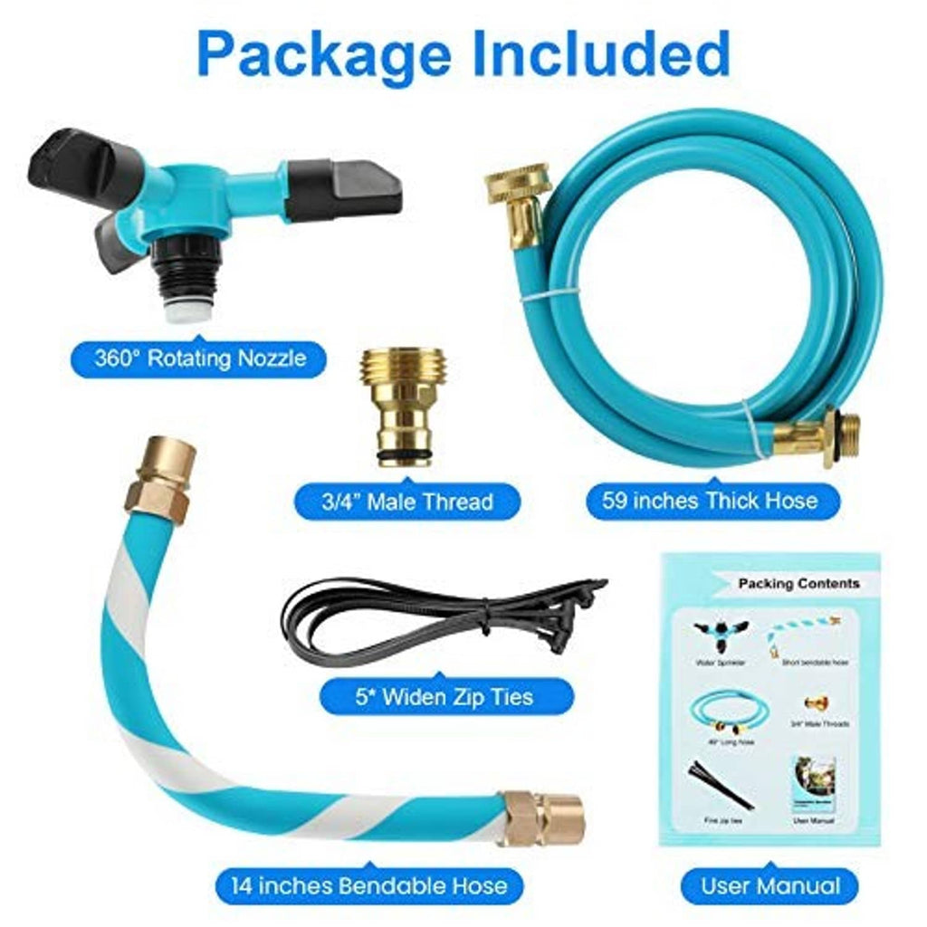 Trampoline sprinkler kit: 360 rotating nozzle, blue hose coil, male thread fittings, ties