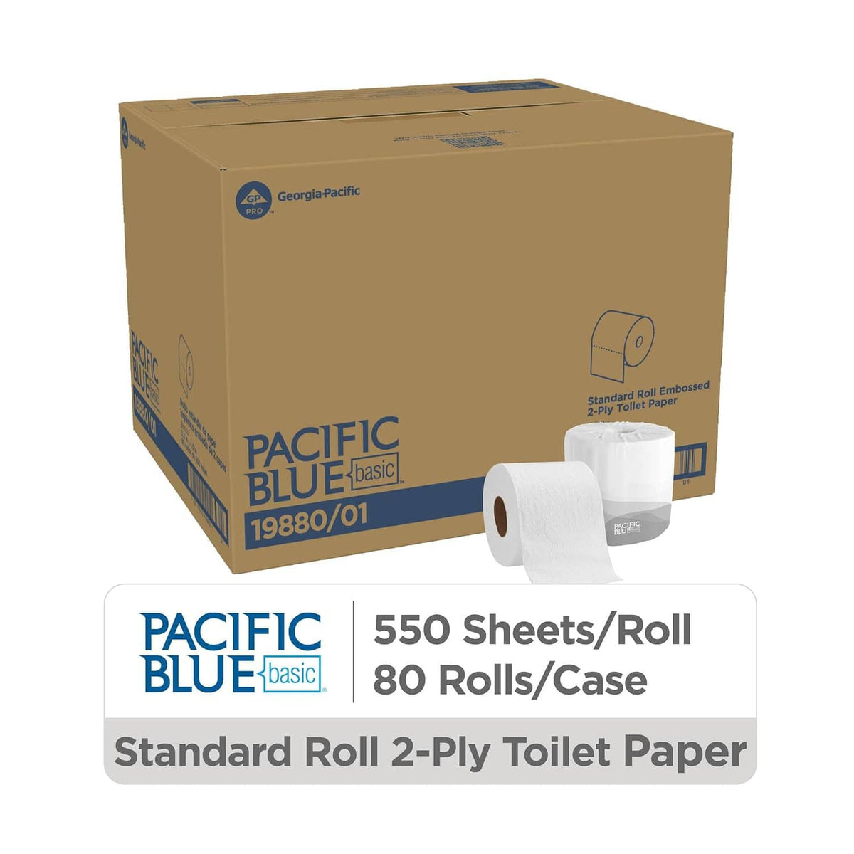 Pacific Blue Basic toilet paper case with multiple white embossed 2-ply rolls and a boxed label