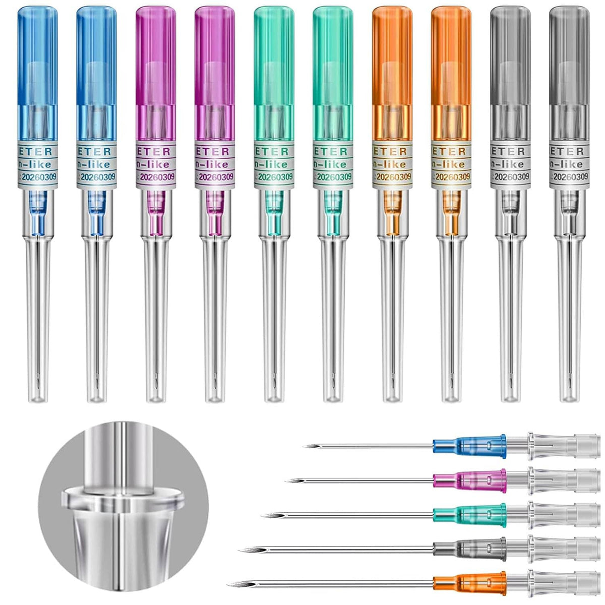 Mixed hollow piercing needles set, colored cannula barrels with stainless steel shafts