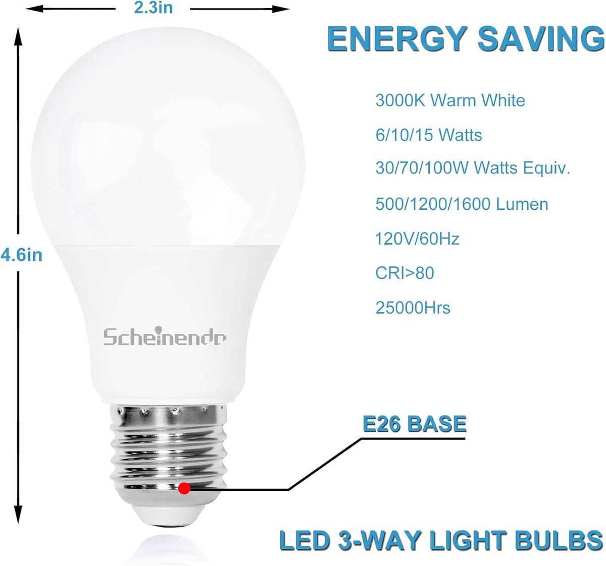 Warm white LED A19 bulb with E26 screw base, frosted lens, 3-way design