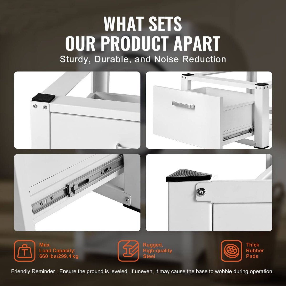 White pedestal stand platform with storage drawer, open base, and anti-vibration pads