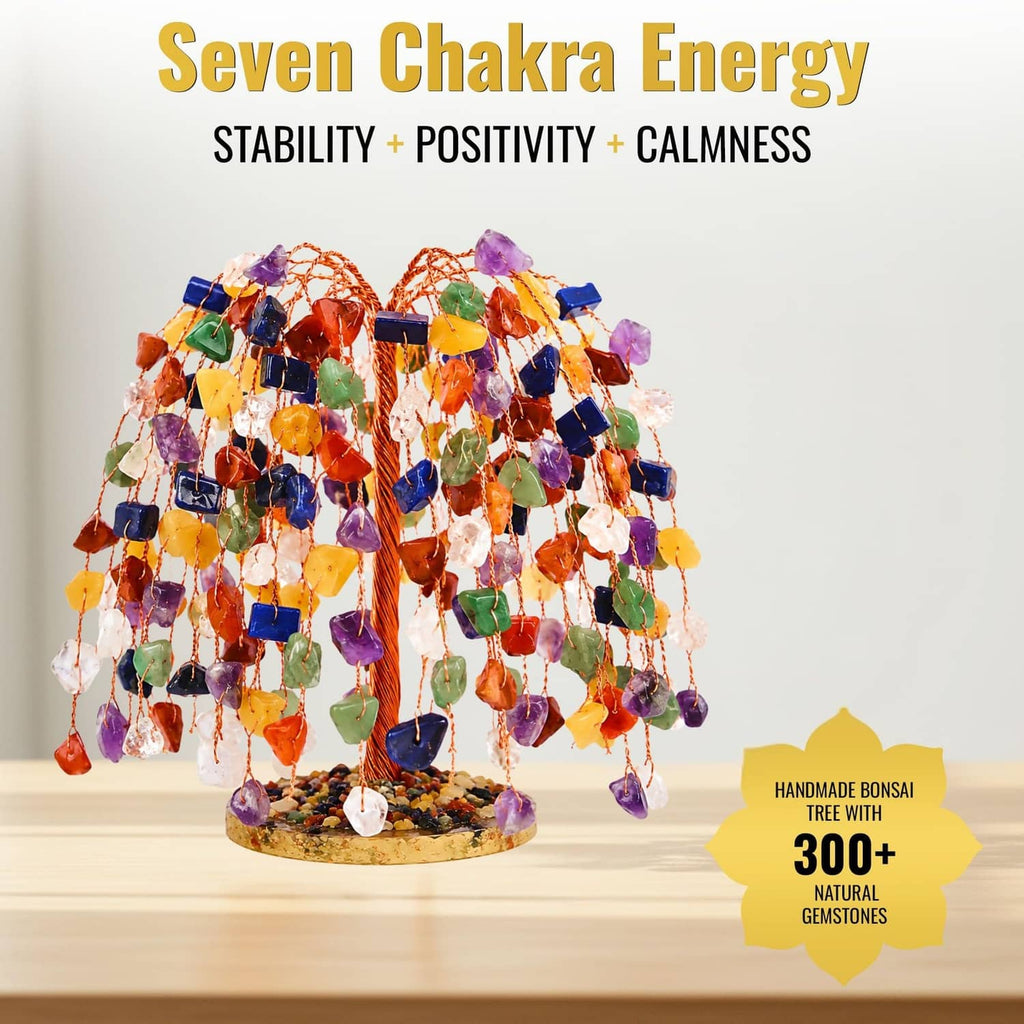 Seven chakra crystal tree with multicolor beads and copper wire on round stone base
