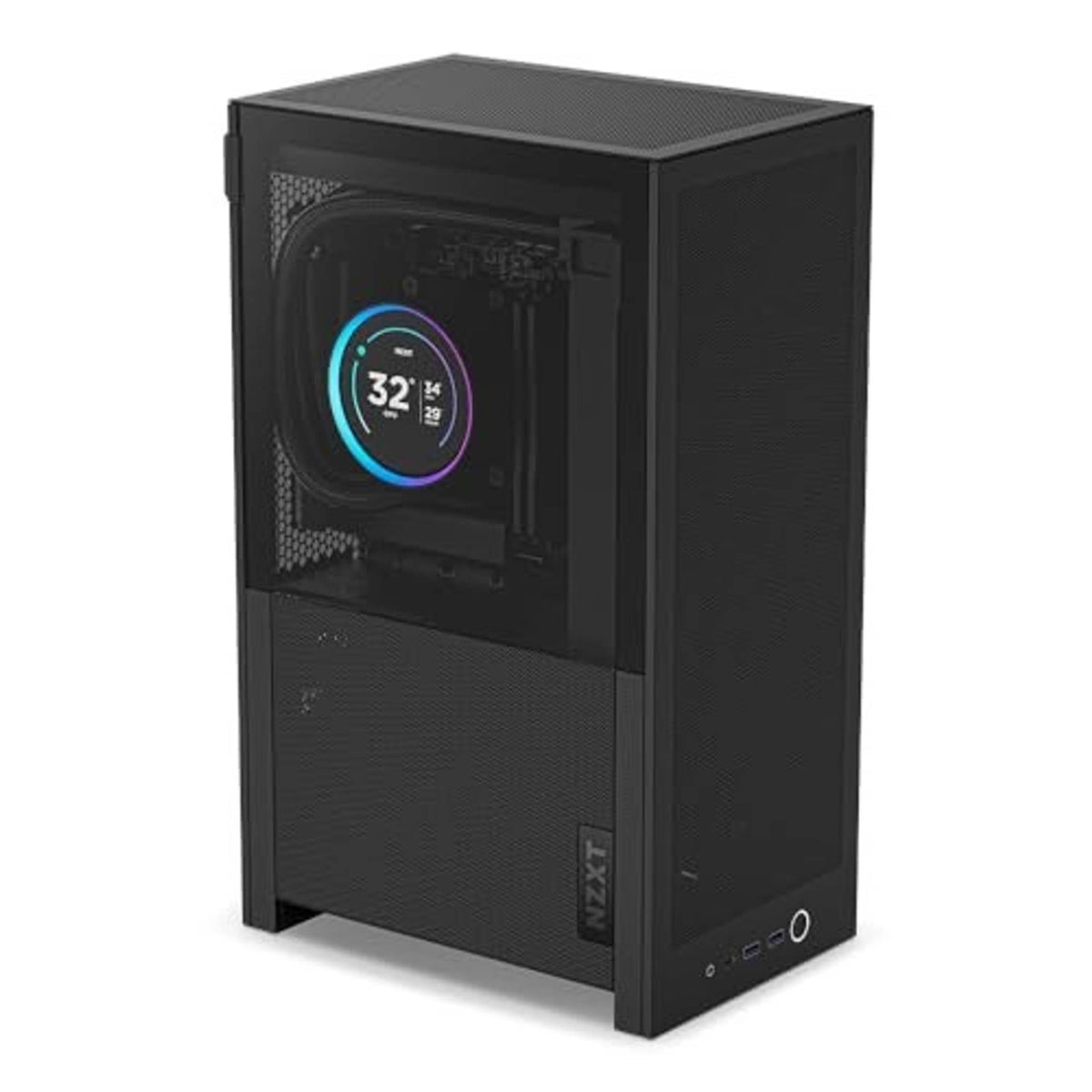 Black Mini-ITX PC case with front tempered glass window and vented mesh top panel
