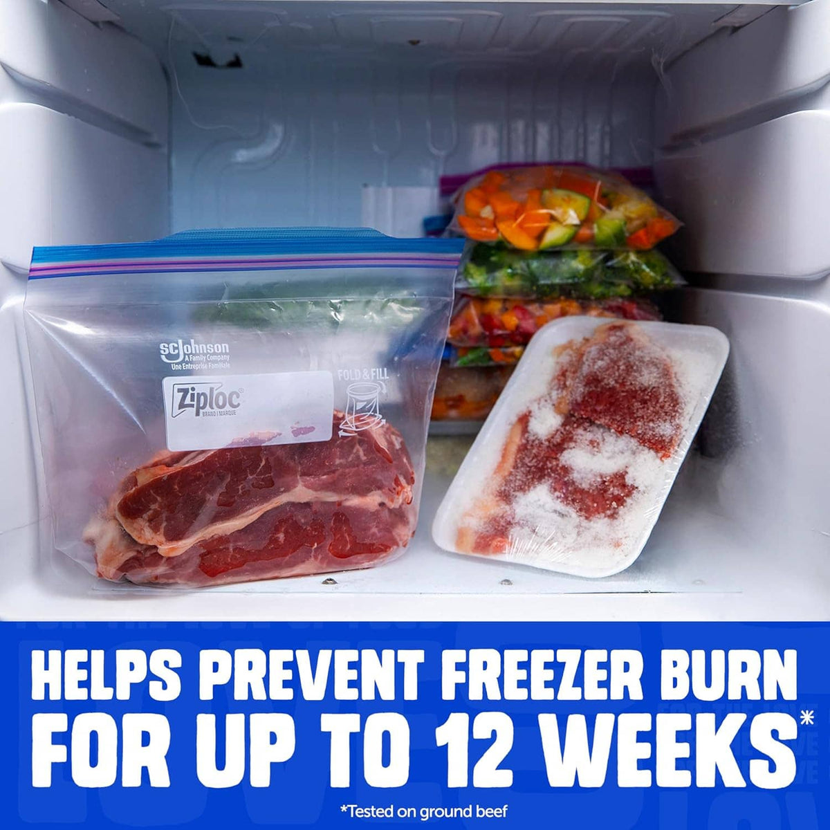Clear gallon freezer bags with zipper seal, filled with meat and vegetables in freezer