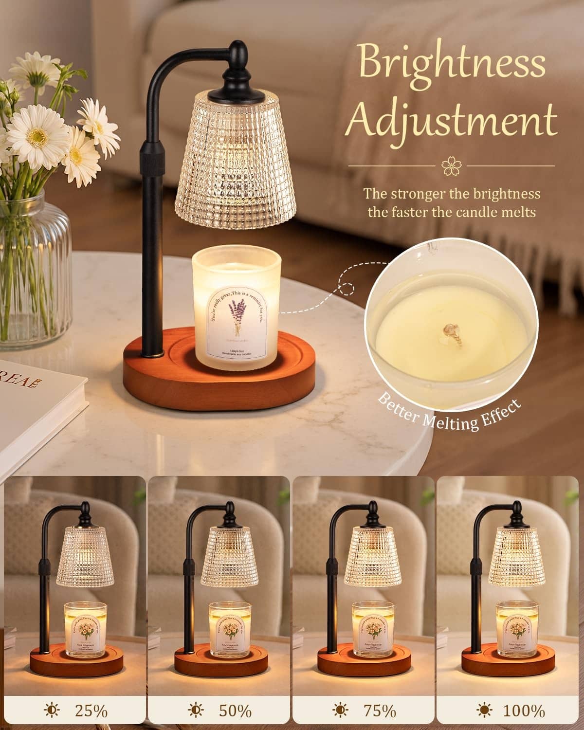 Candle warmer lamp on walnut base with lit jar candle and adjustable brightness