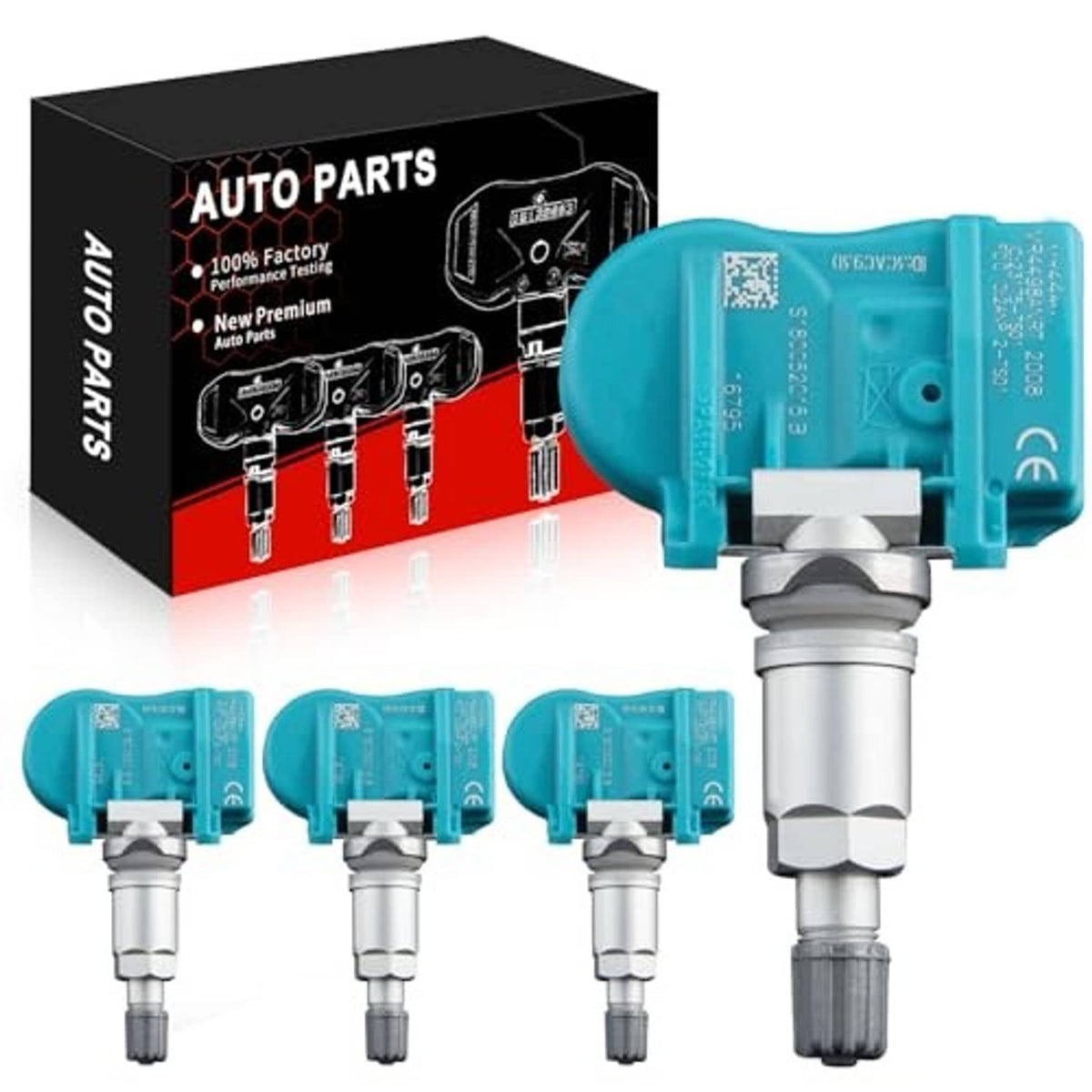 Turquoise TPMS valve sensors with metal stems, four-pack with boxed display