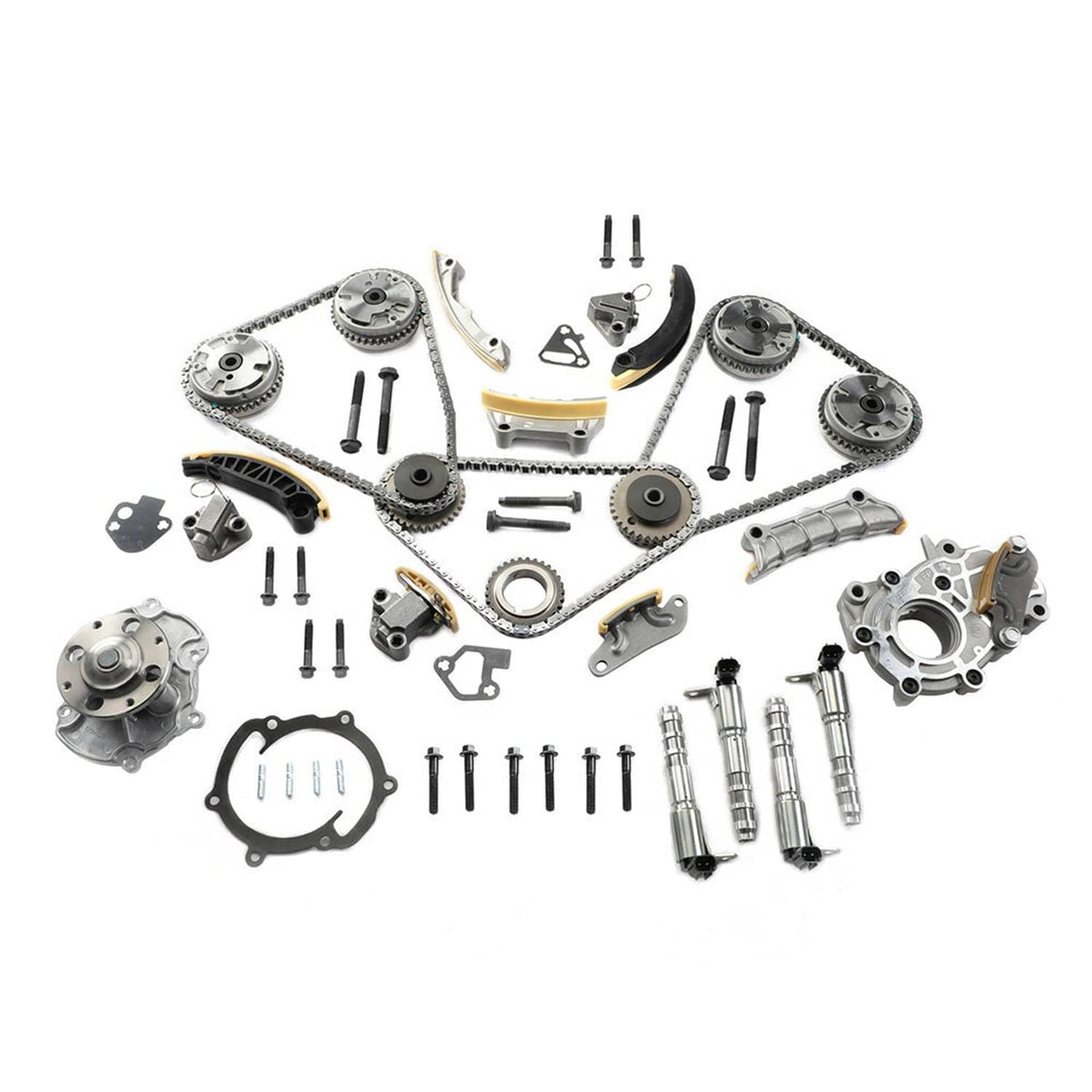 Complete timing chain kit assortment with sprockets, guides, water pump, seals, and bolts