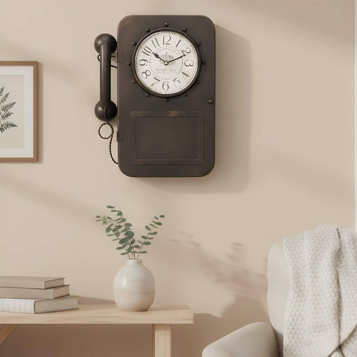 Dark brown vintage wall clock with round face and rectangular hidden storage compartment