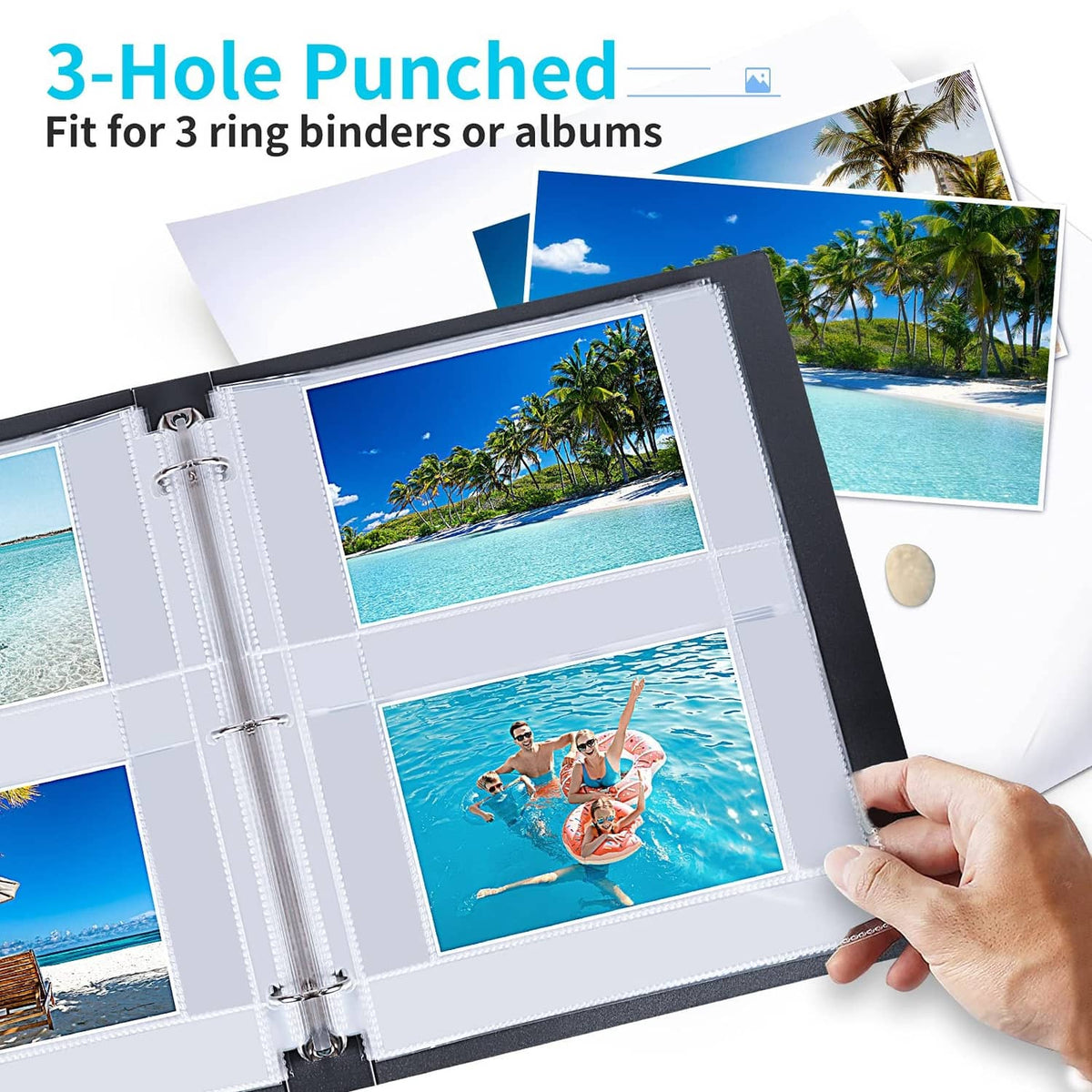 3-hole punched 4x6 photo sleeves for 3-ring binders, insert-and-hold style