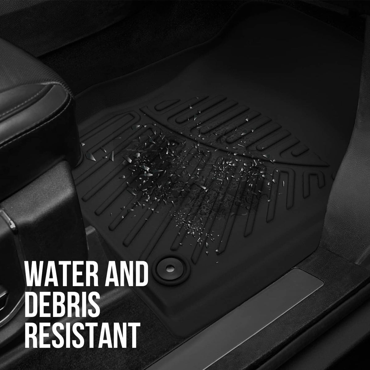 Black TPE floor mat with textured channels holding water droplets