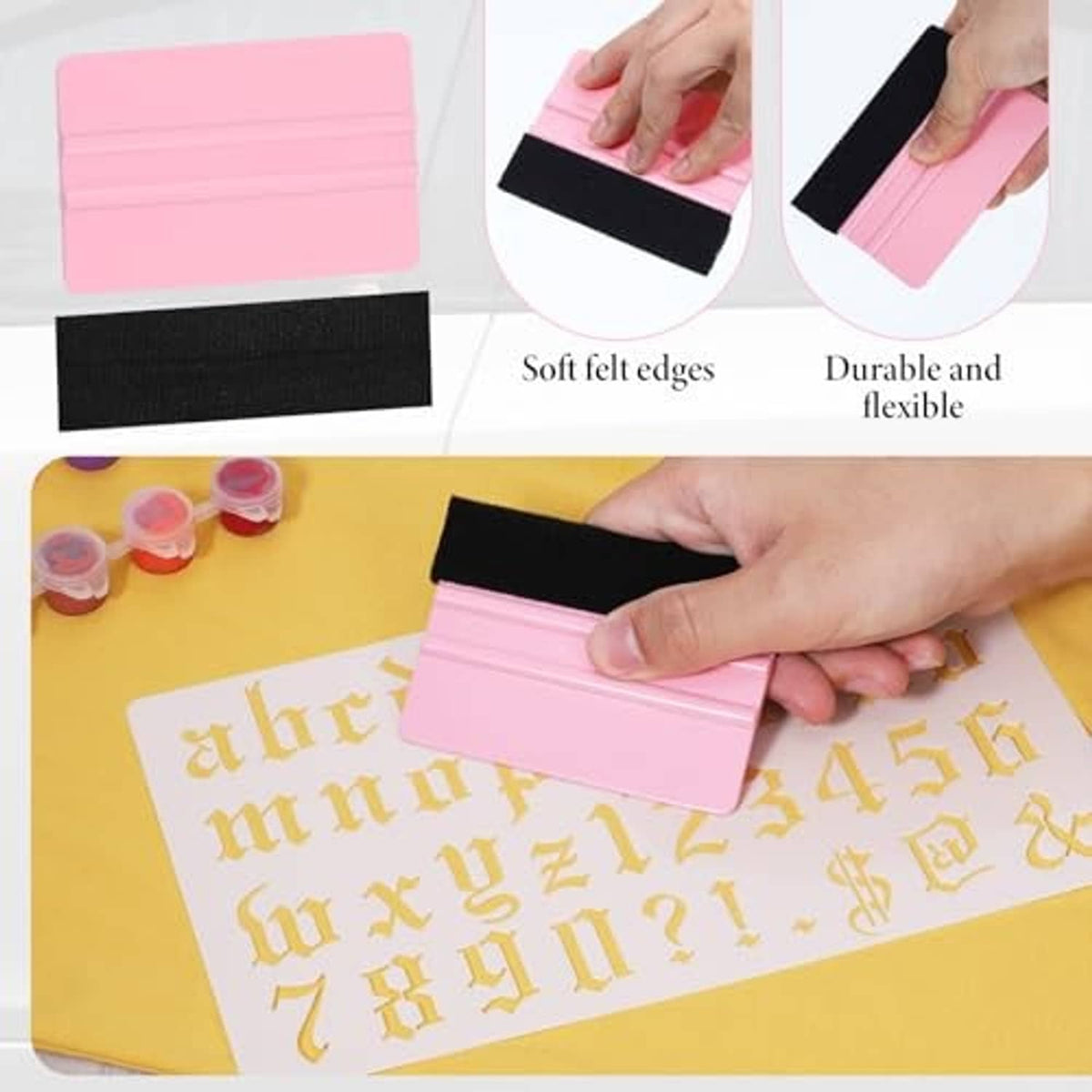 Pink felt-edged vinyl scraper pad with black felt backing for flexible use