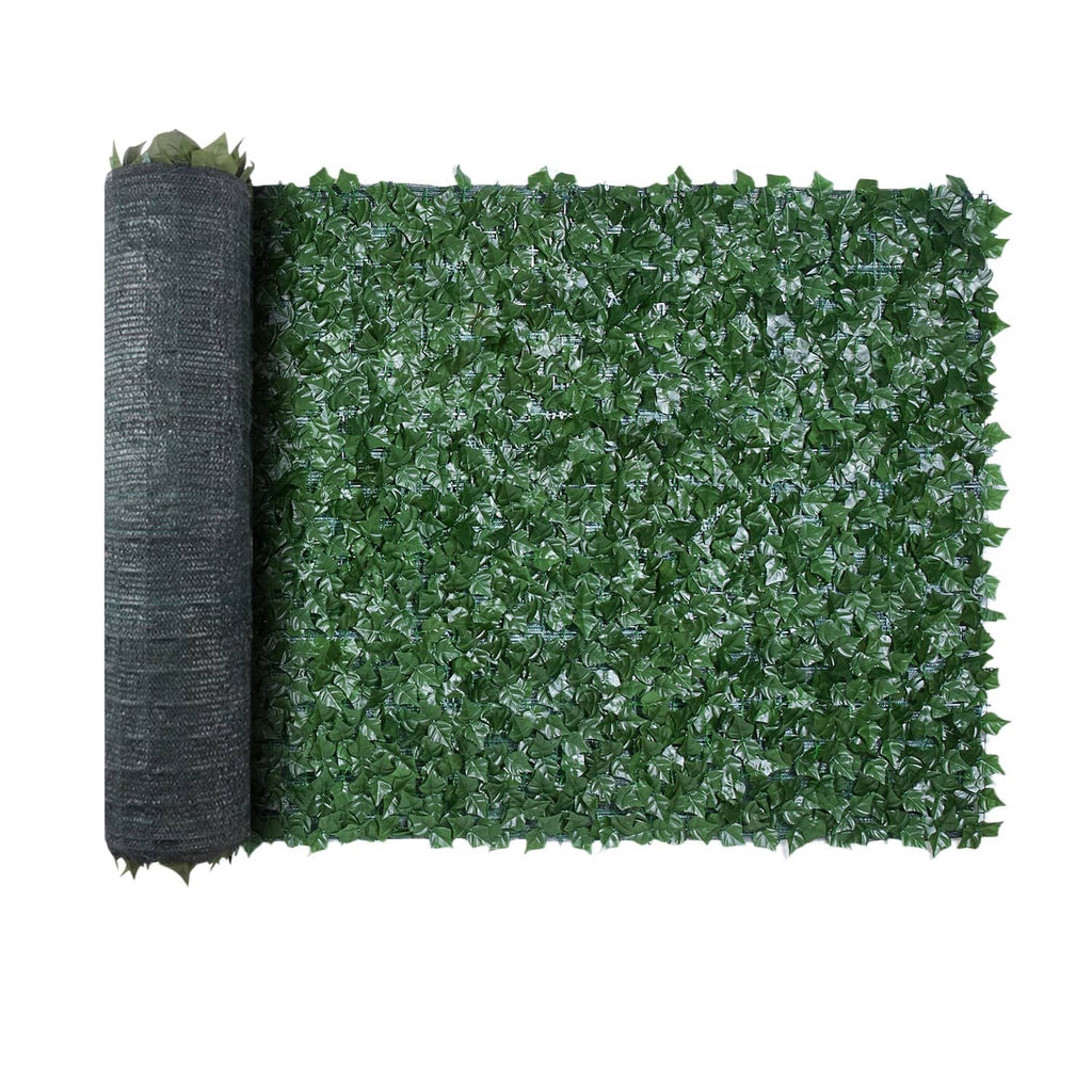 Rolled artificial faux ivy leaf fence screen with green mesh backing