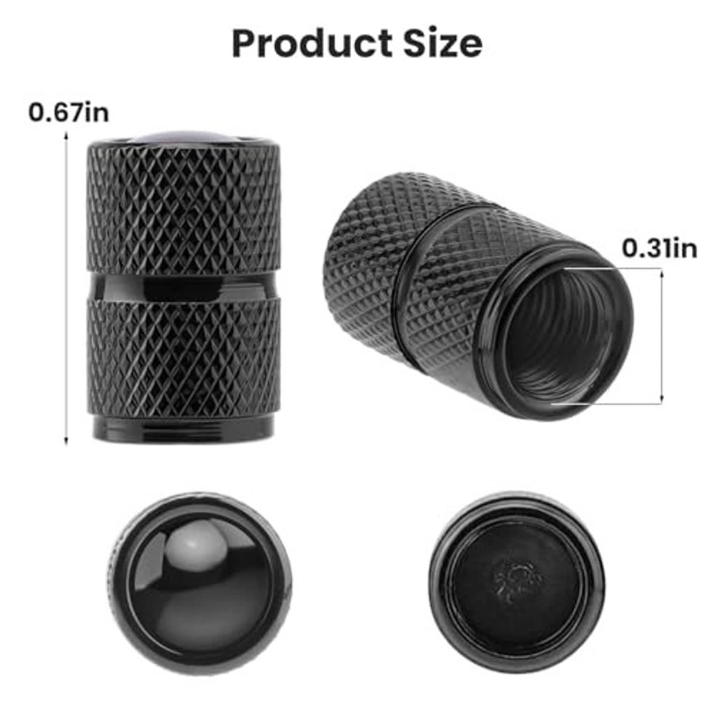 Black aluminum tire valve stem caps with measurements; front and side views