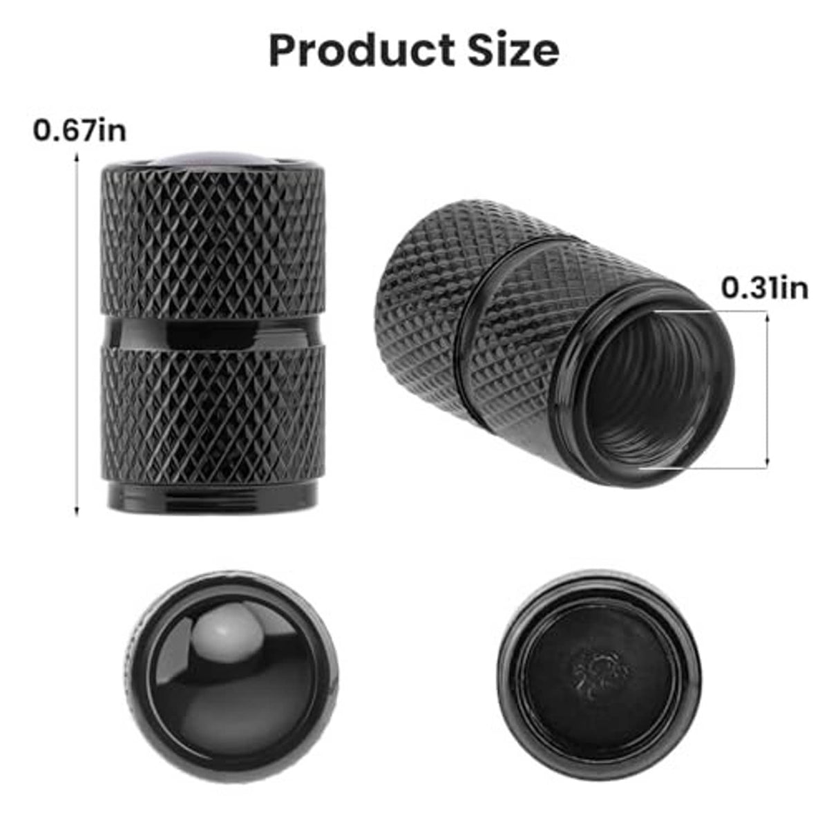 Black aluminum tire valve stem caps with measurements; front and side views