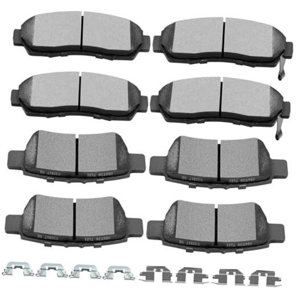 Set of 8 ceramic brake pads with metal backing for front and rear discs