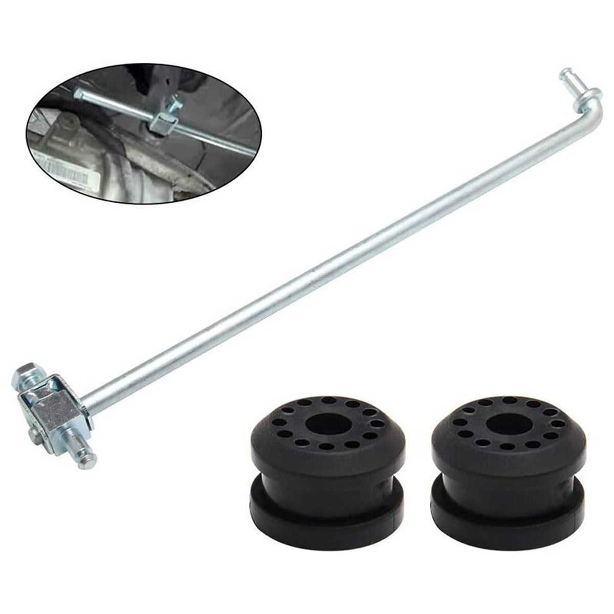 Transfer case shifter linkage rod with two black grommet bushings