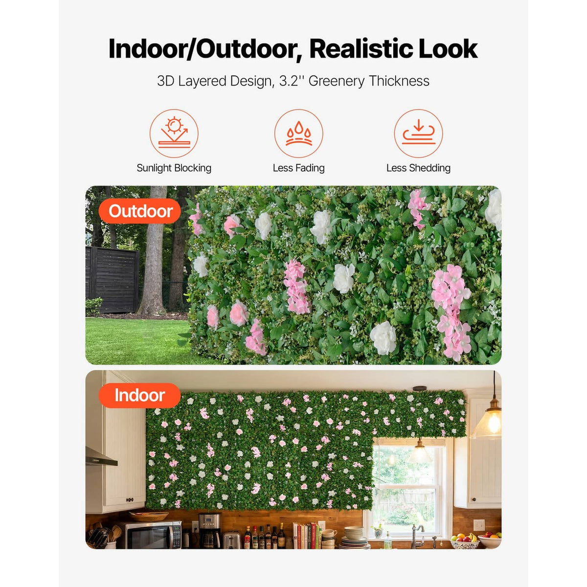 Artificial indoor/outdoor wall panel with green foliage and pink and white flowers