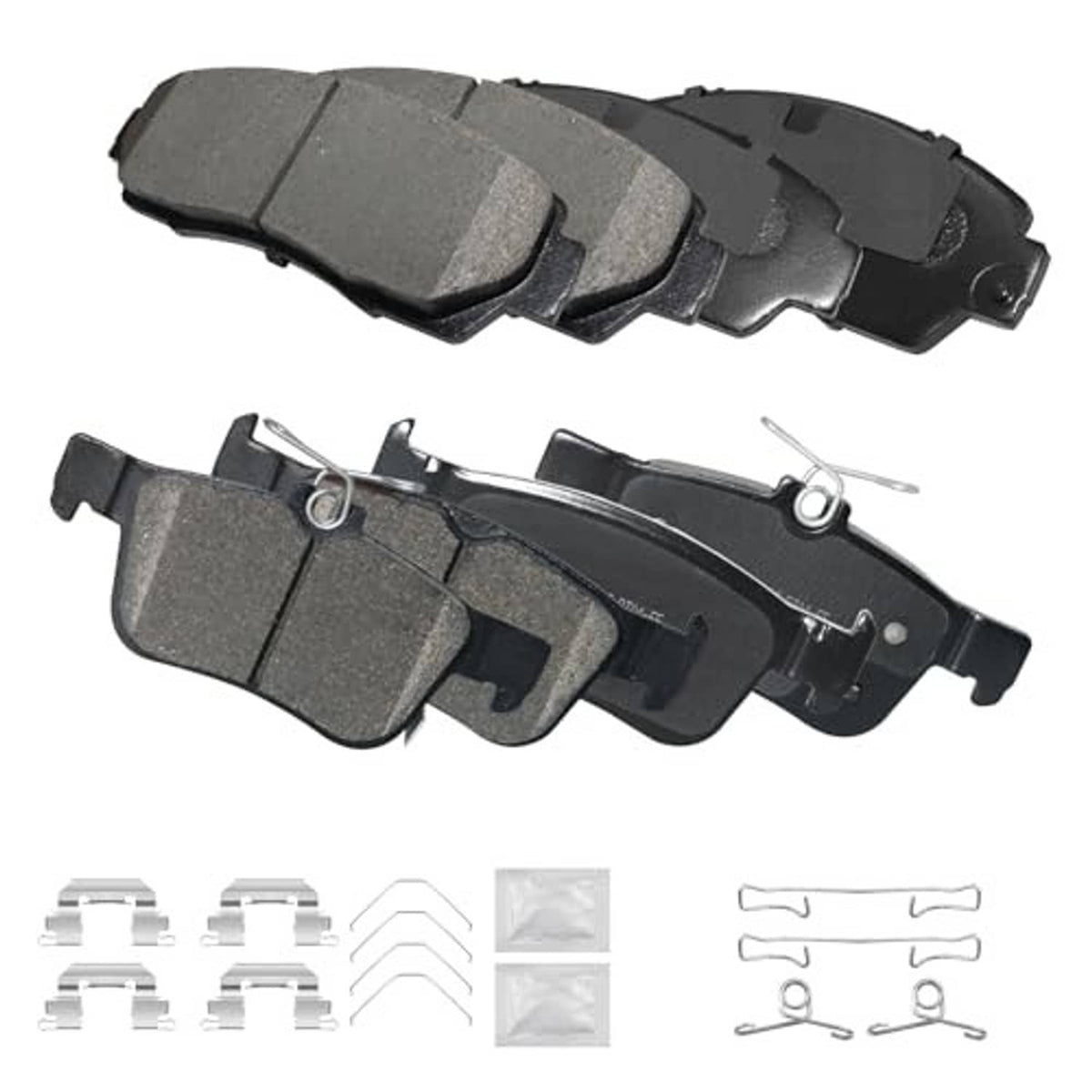 Ceramic brake pad set with hardware clips and dark gray friction pads on backing plates