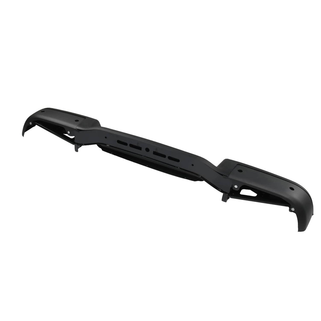 Black rear bumper beam with underside cutouts and side mounting points