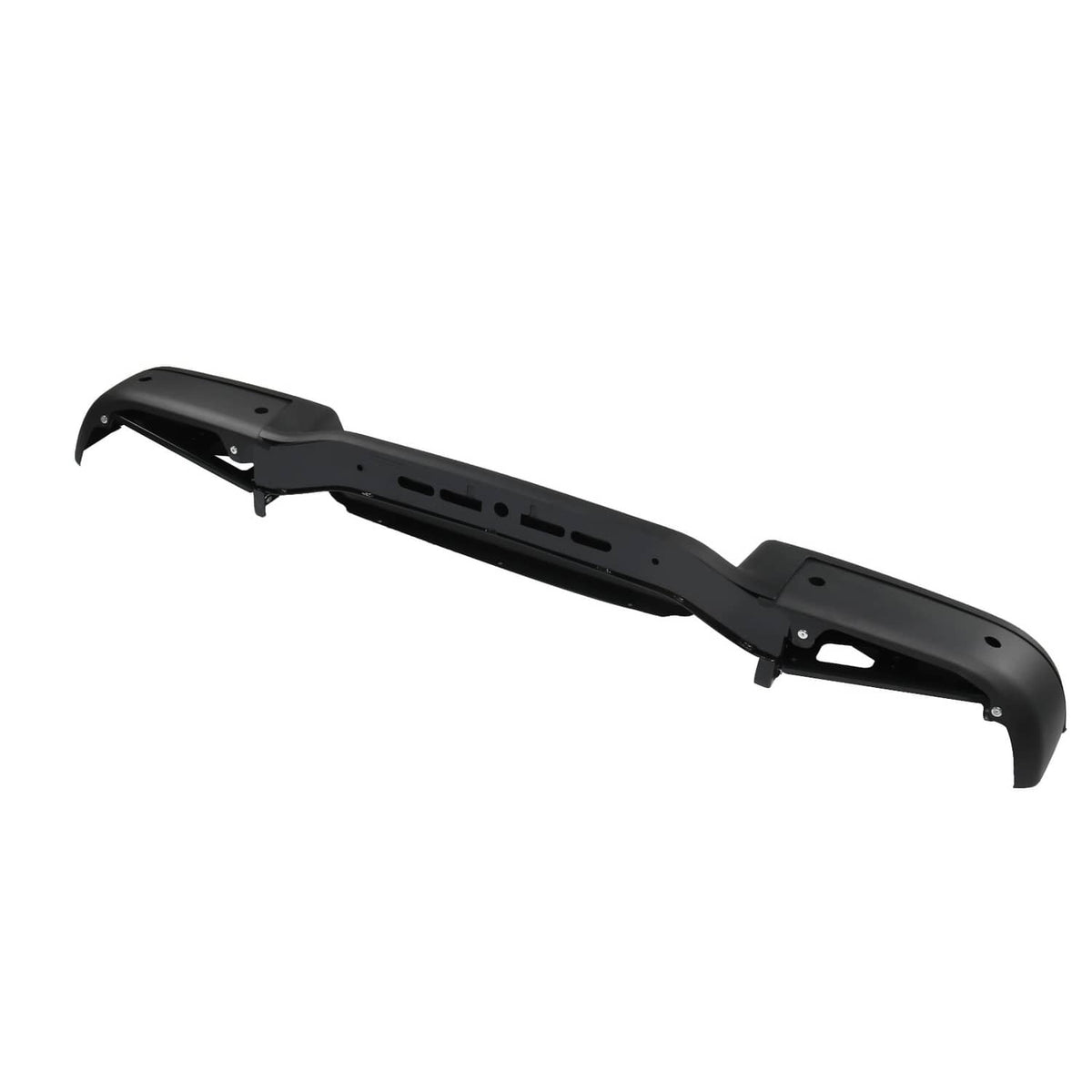 Black rear bumper beam with underside cutouts and side mounting points