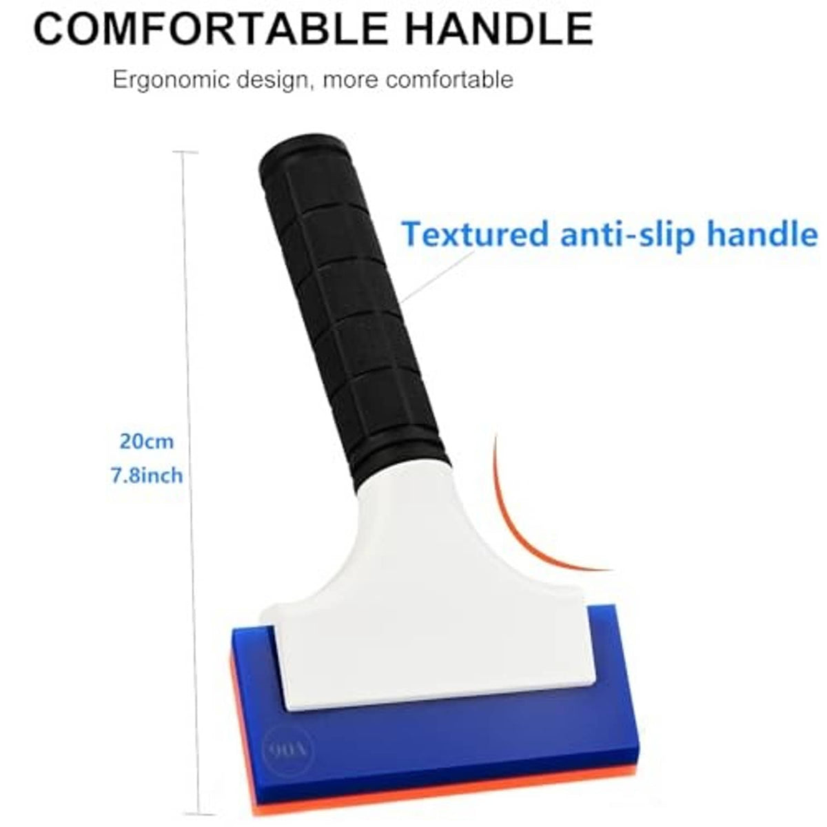 Ergonomic double-edge rubber squeegee with black anti-slip handle and white blade (blue base).