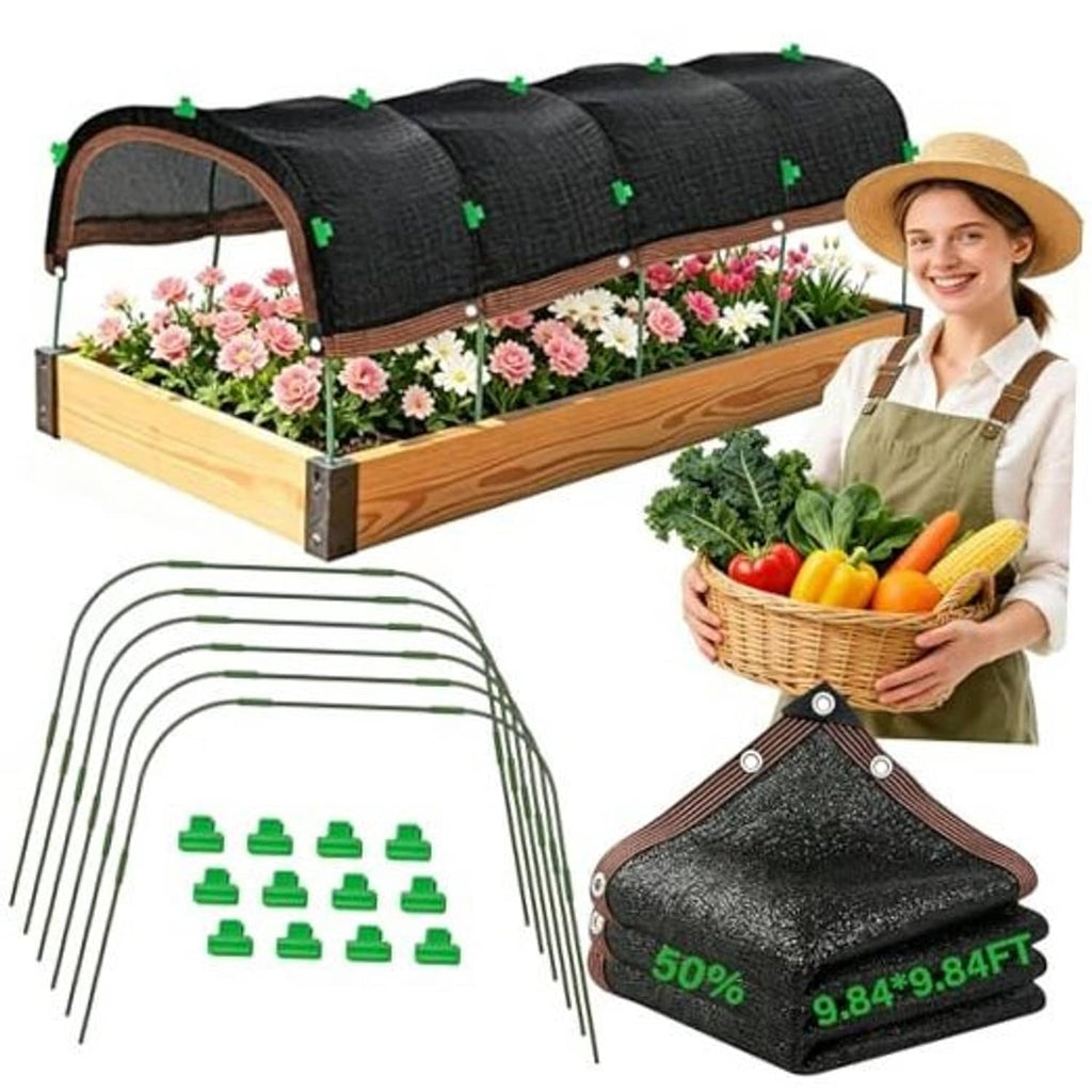 Black shade cloth garden hoop cover over raised wooden bed with green clips