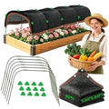 Black shade cloth garden hoop cover over raised wooden bed with green clips