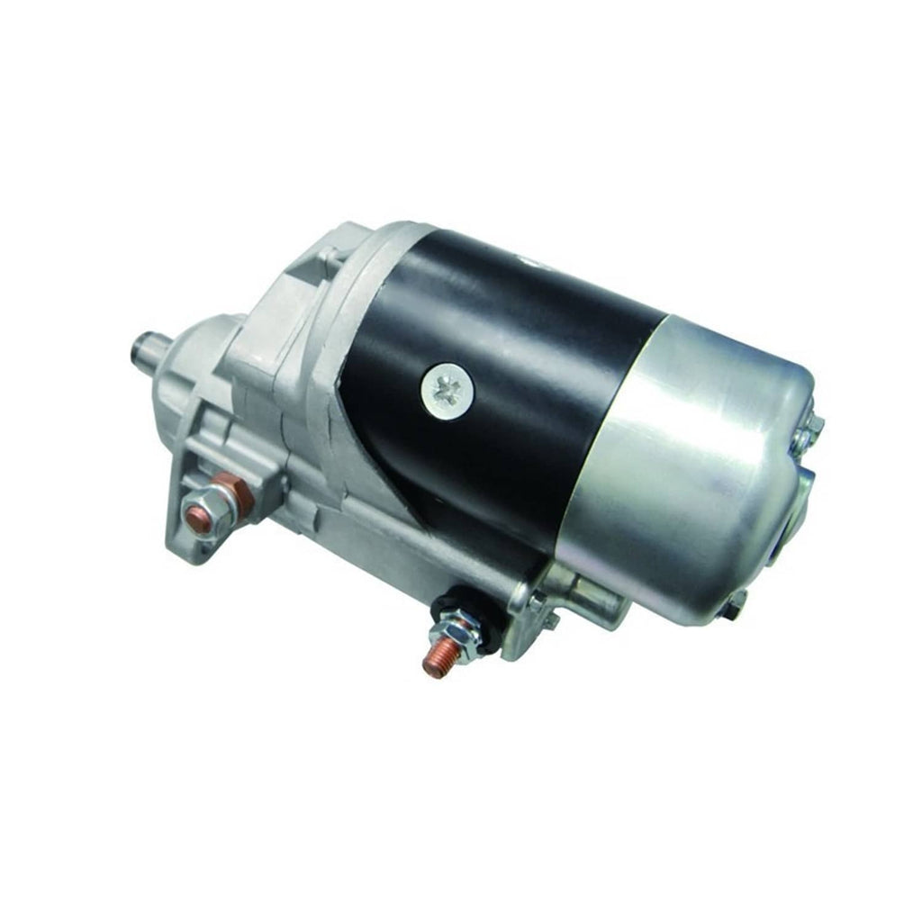 Diesel starter motor compact side view with black band, silver housing, and connection points