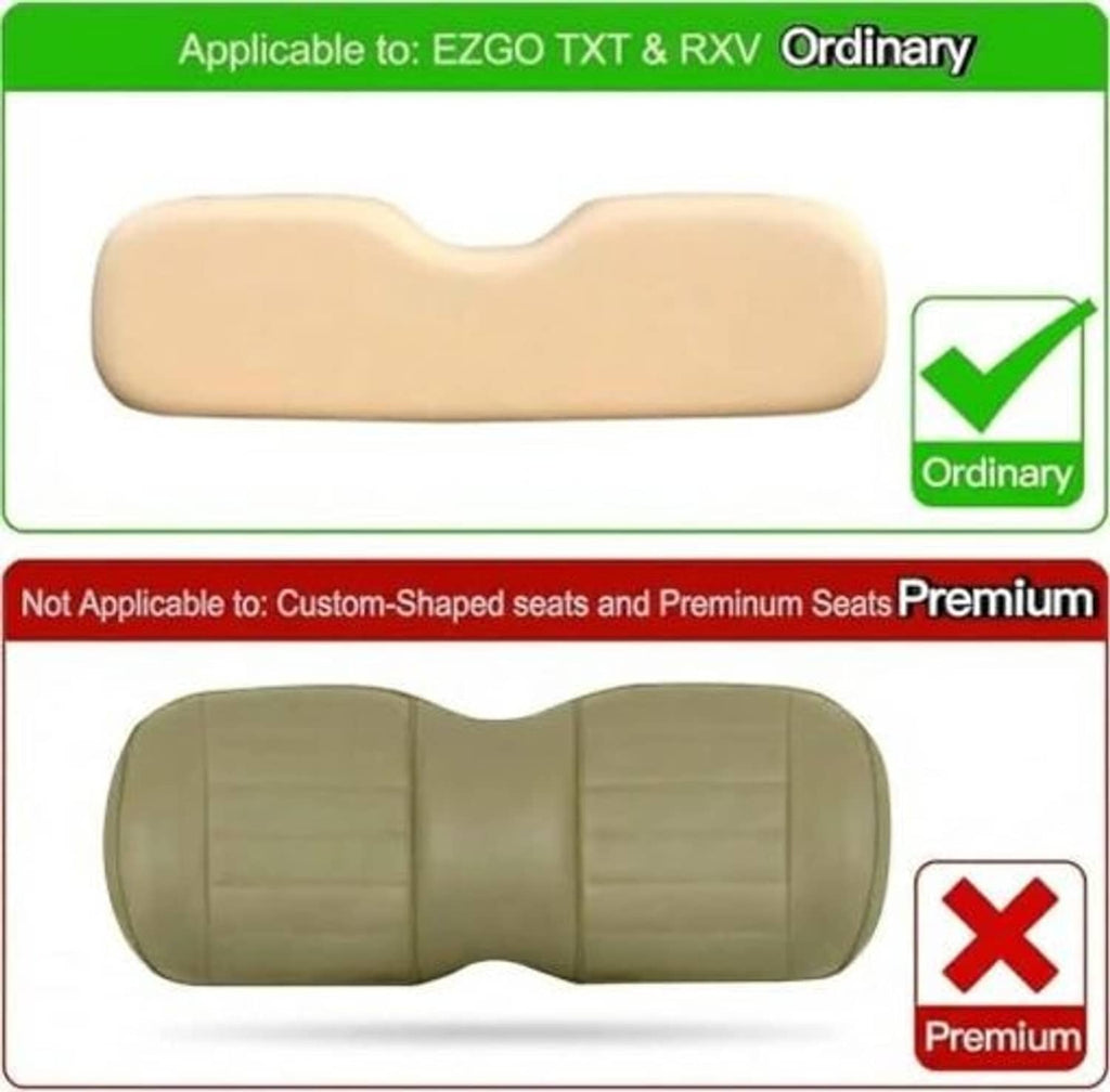 Fit chart for EZGO TXT & RXV ordinary seats; shows not for custom premium seats
