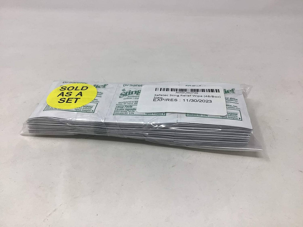 Sealed stack of Safetec Sting Relief wipes with expiration label