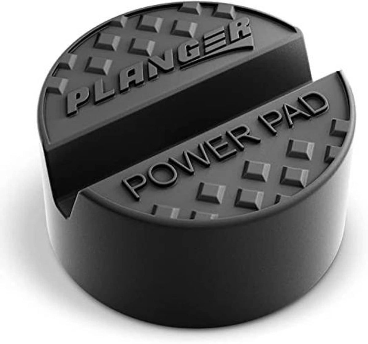 Flat rubber jack pad with raised tread pattern and POWER PAD embossed on top