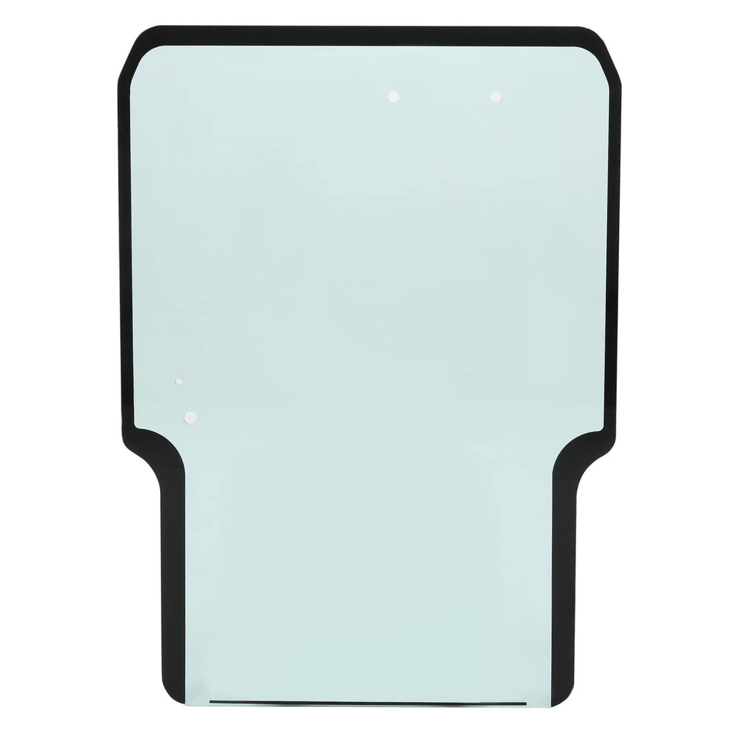 Front door window glass panel with black frame, light blue-tinted rectangular shape
