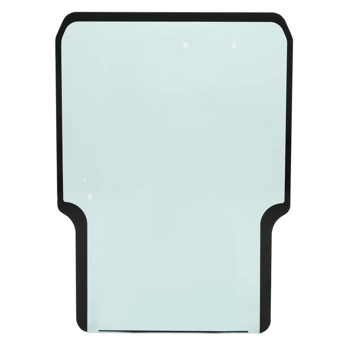 Front door window glass panel with black frame, light blue-tinted rectangular shape