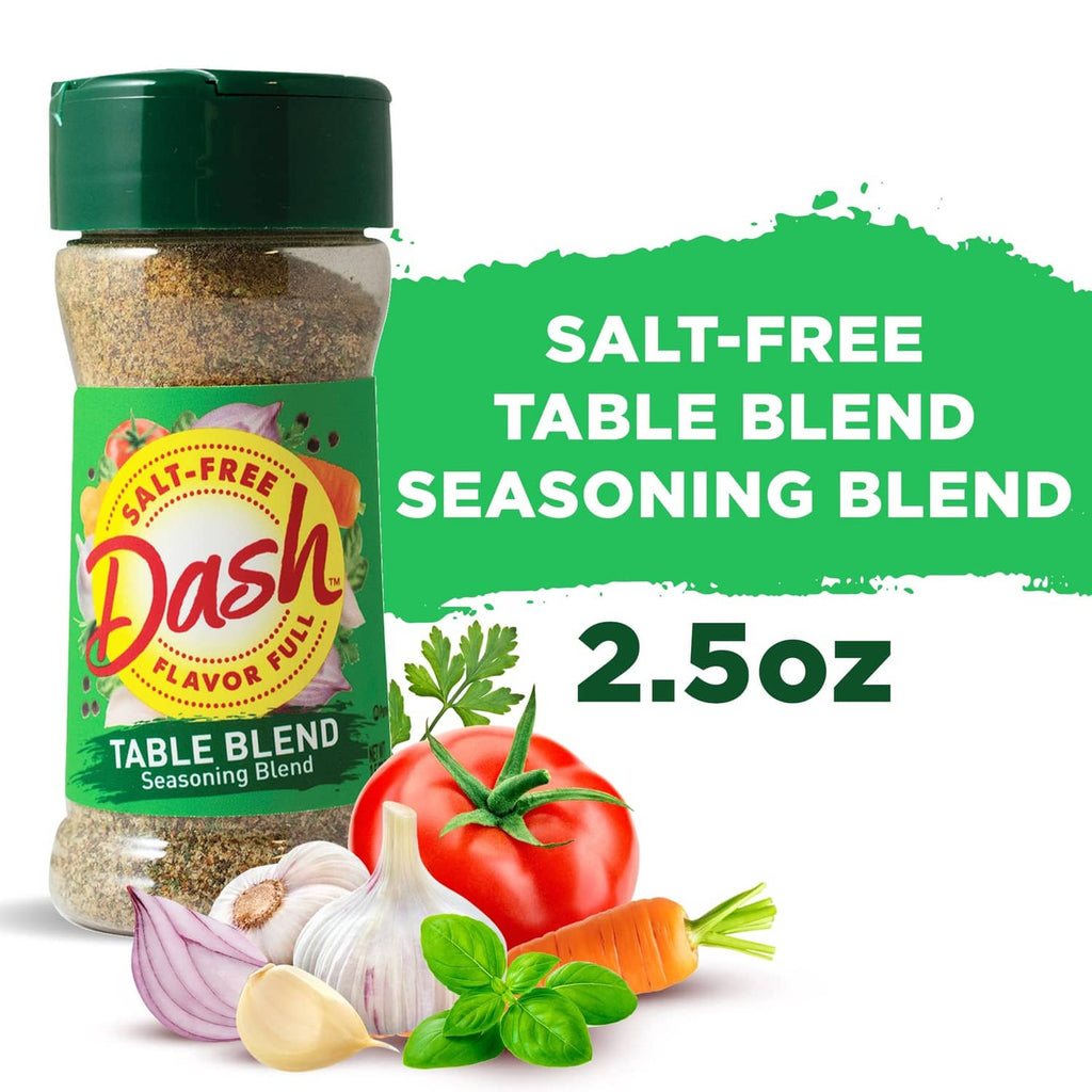 Salt-free table seasoning blend bottle with vegetable and herb imagery around it.