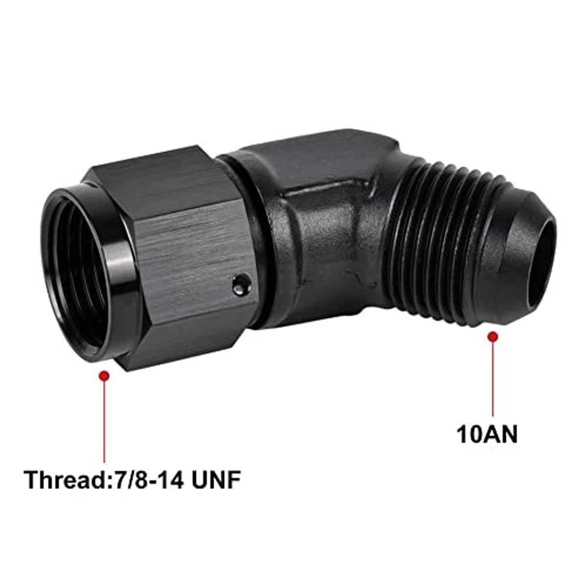 Black aluminum 45-degree AN flare swivel adapter fitting with hex section and inlet ports