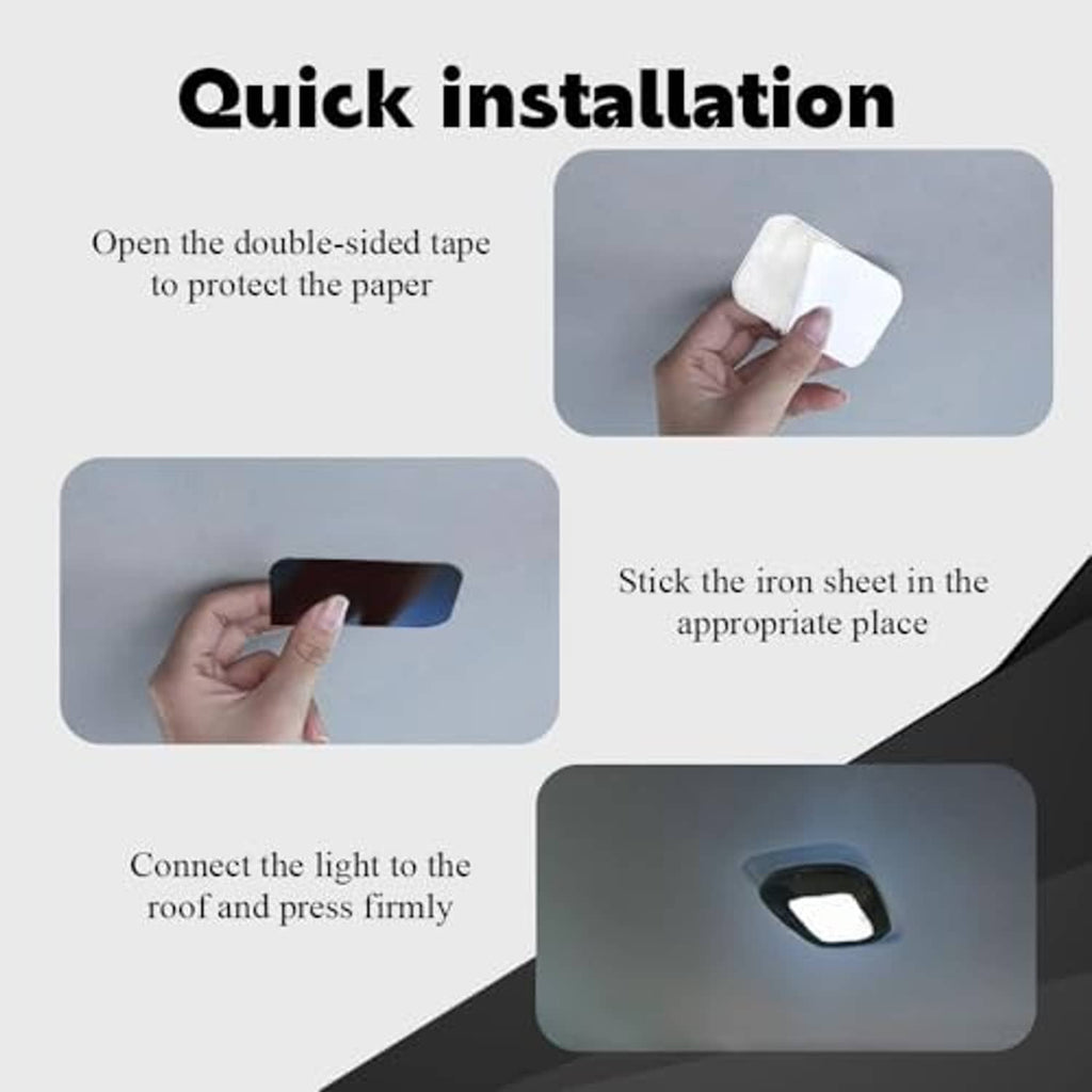 Car dome LED light installation kit with double-sided tape, mounting plate, and USB cable