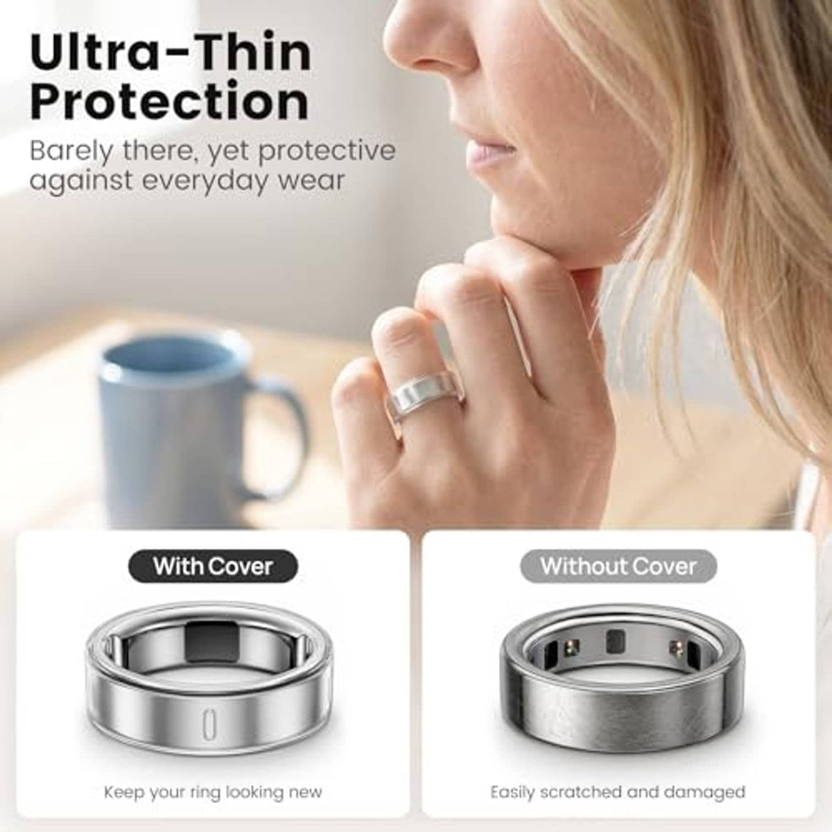 Ultra-thin clear ring cover on finger, protective transparent sleeve for smart ring